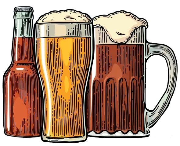 Beer bottle, pint, and mug