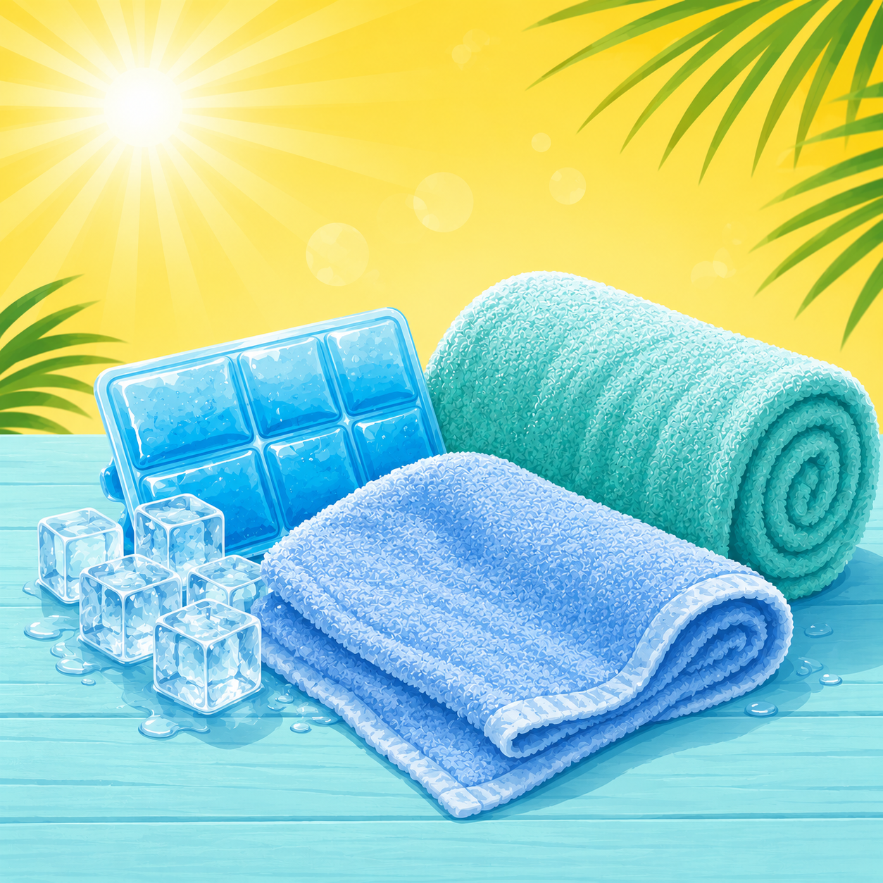 Cooling towels, ice pack and ice cubes for quick relief from the heat