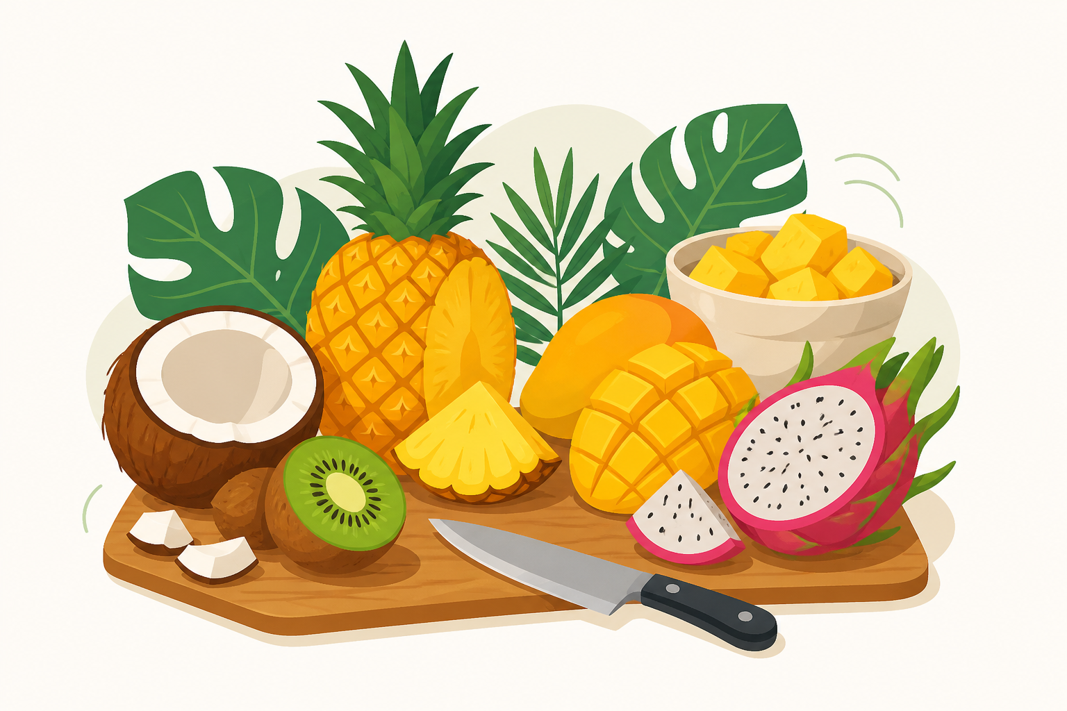 Assorted tropical fruits prepared on a cutting board
